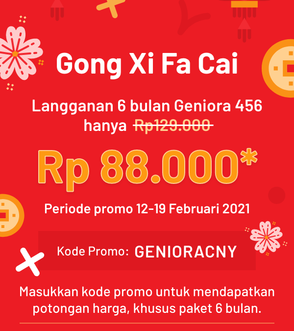 Aplikasi Geniora456: Promo Potongan Imlek Rp 88.000,-